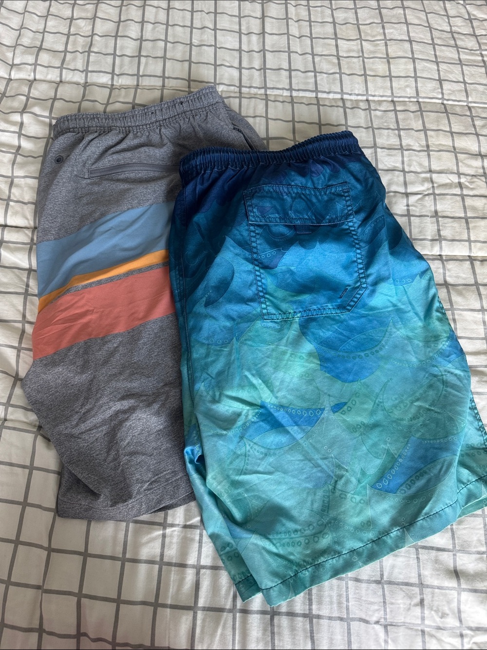Kirkland Signature men’s Swim Shorts - Blue Ombre & Gray with Coral Stripe